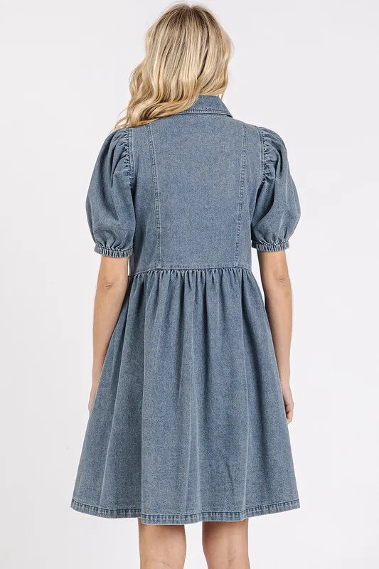 Button Down Puff Sleeve Denim Dress - product view 2