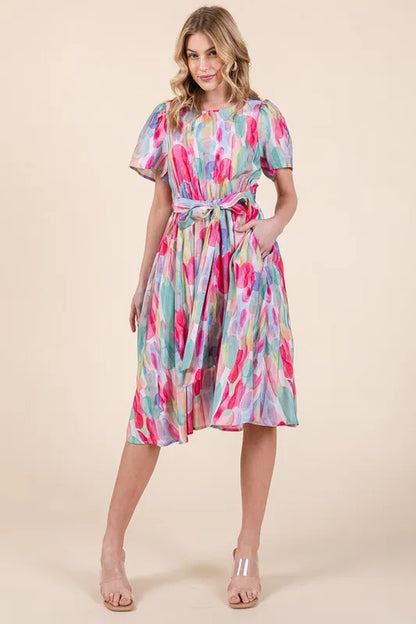 Watercolor Print Tie Front Midi Dress - Pink Combo - product view 9