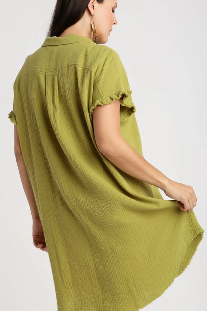 Full Size Raw Hem Button Down Short Sleeve Gauze Shirt Dress Plus Size in Yellow-Green - product view 4