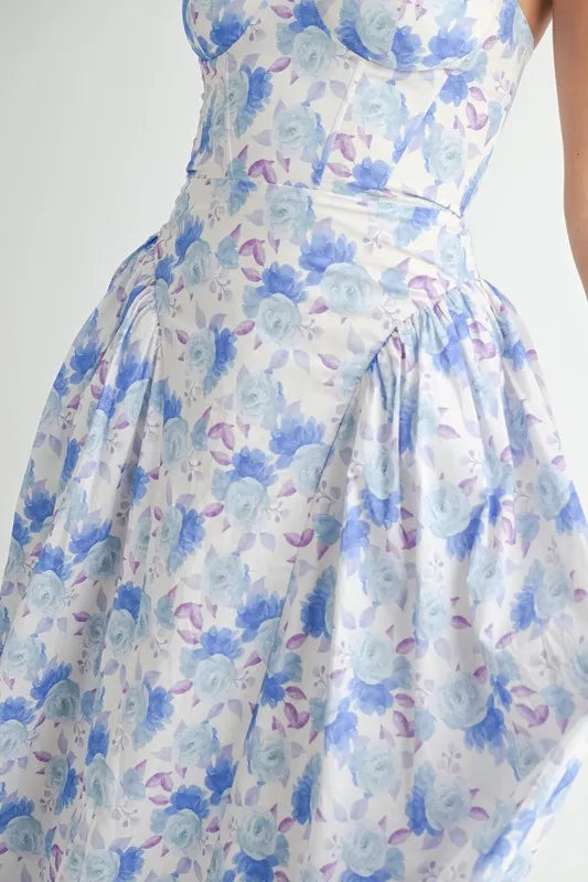 Sweetheart Neckline Floral Printed Midi Dress in Blue - product view 12