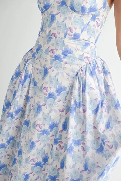 Sweetheart Neckline Floral Printed Midi Dress in Blue - product view 12