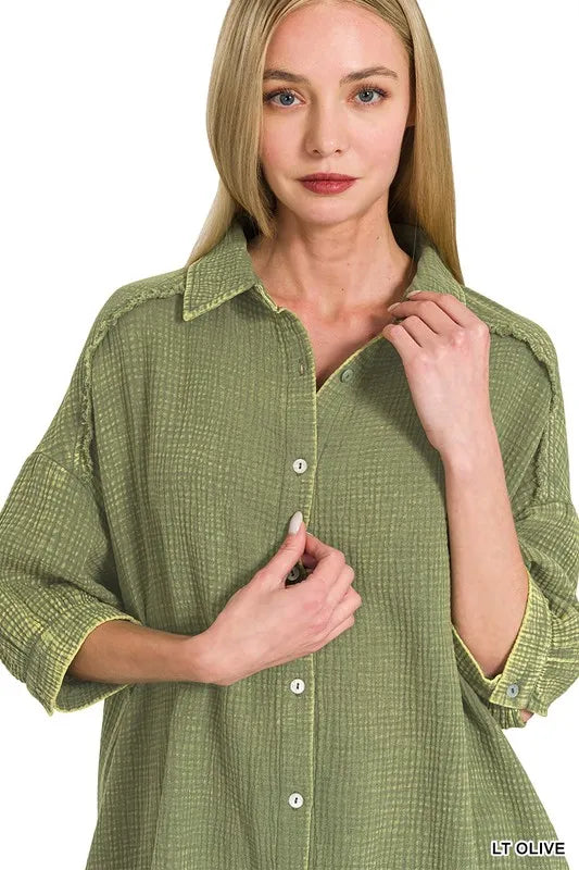 Washed Double Gauze Button Down Shirt Dress - Lt Olive - product view 6