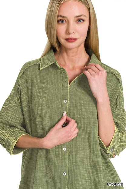 Washed Double Gauze Button Down Shirt Dress - Lt Olive - product view 6