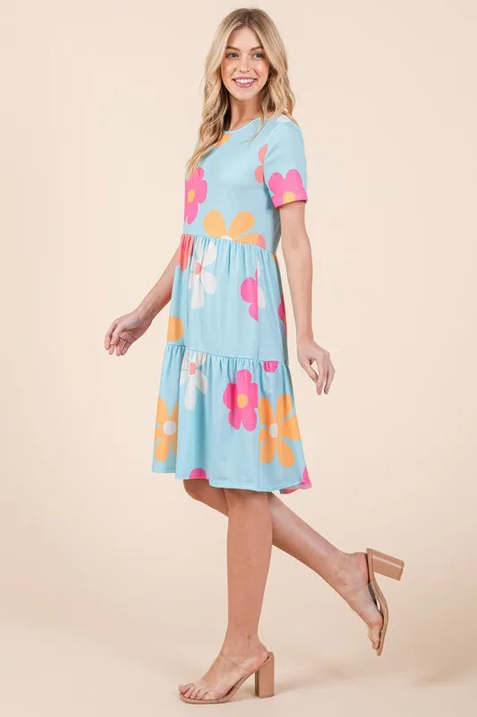 Floral Round Neck Short Sleeve Tiered Dress - Pastel Blue - product view 4