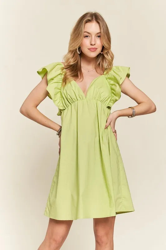 Smocked Back Ruffled Cap Sleeve Babydoll Dress in Lime - product view 1