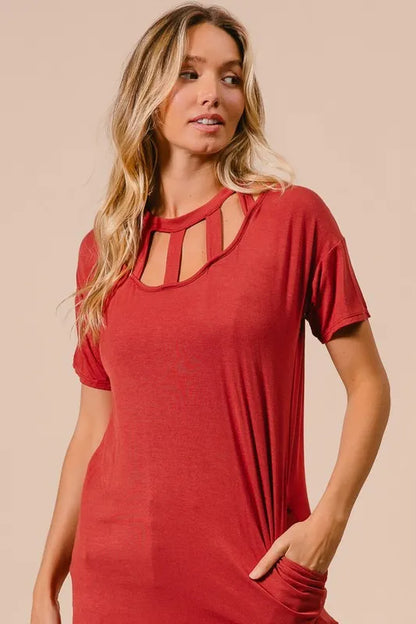 Front Cutout Mini Tee Dress with Pockets in Ginger - product view 10