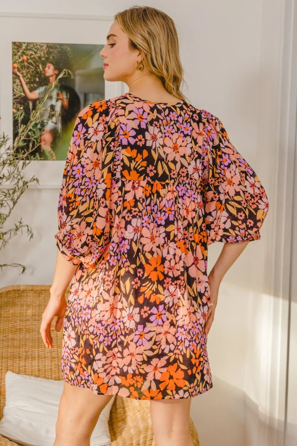 Full Size Floral Tied Neck Mini Dress - Black Multi - product view 2