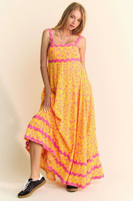 Geo 2 Tone Printed Wavi Trim Tiered Maxi Dress - Pink - product view 1