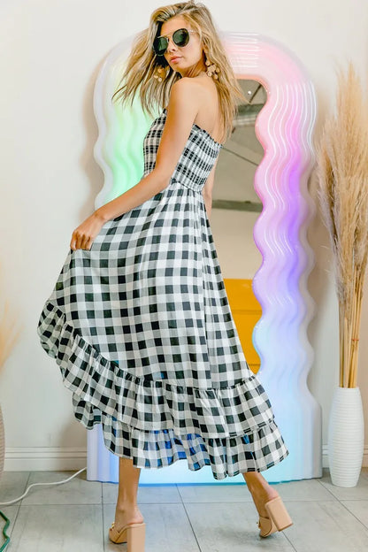 Smocked Body Off Shoulder Check Dress - Black/Ivory - product view 9