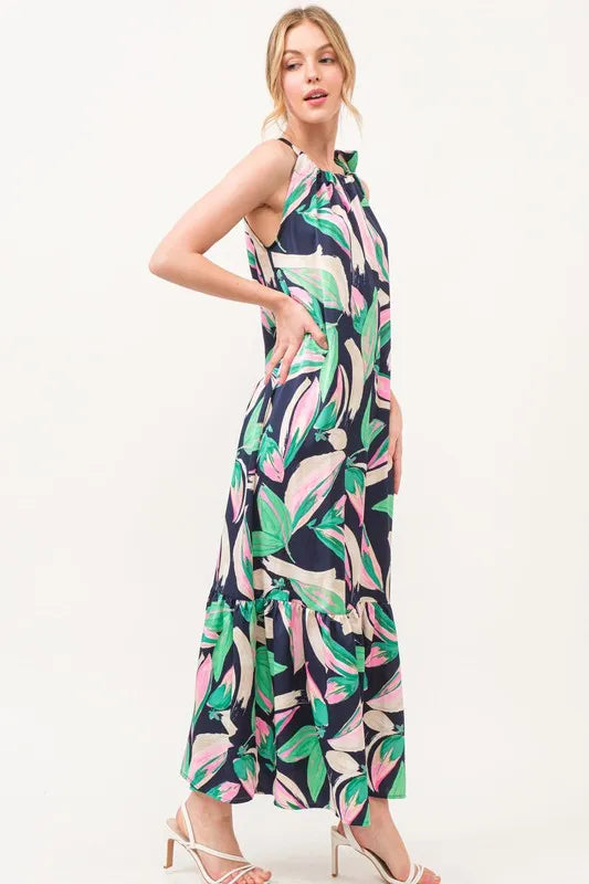 Botanical Printed Halterneck Tiered Maxi Dress in Navy - product view 3