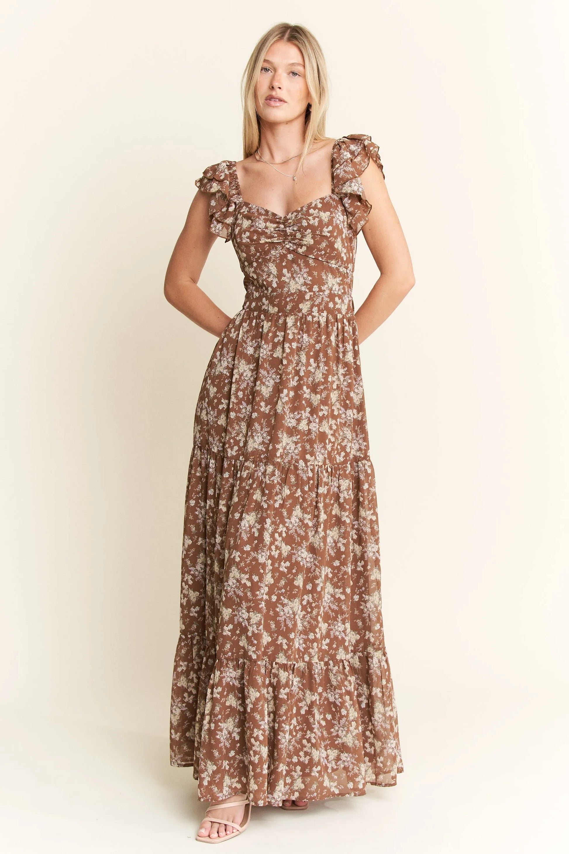 Ruffle Sleeve Tiered Maxi Dress - Mocha - product view 4