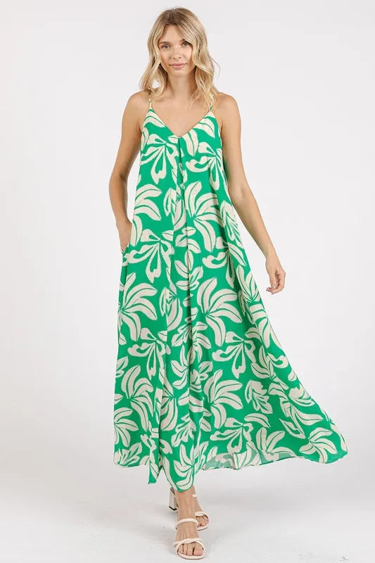Printed V-Neck Maxi Cami Dress with Pockets - Kelly Green - product view 1
