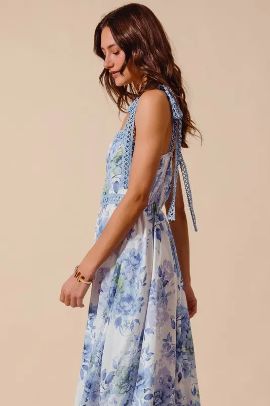 Floral Print Flowy Maxi Dress with Lace Ribbon Tie in Off White/Blue - product view 9