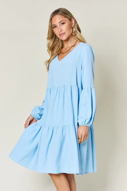 Full Size V-Neck Balloon Sleeve Tiered Dress with Pockets in Light Green, Pink and more - product view 27