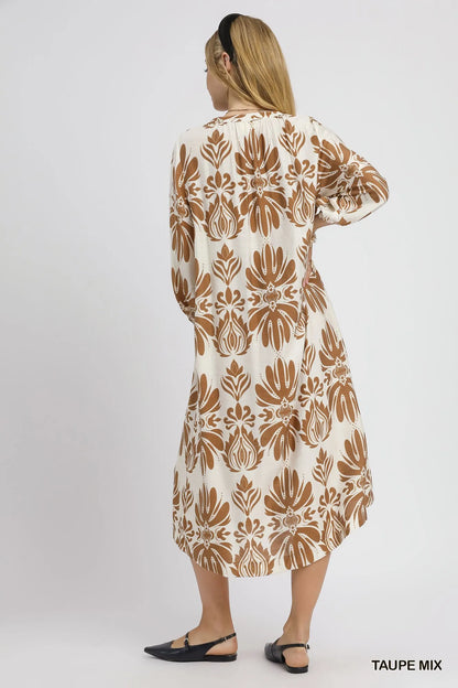 Mix Abstract Floral Print Midi Dress - Taupe Mix - product view 4