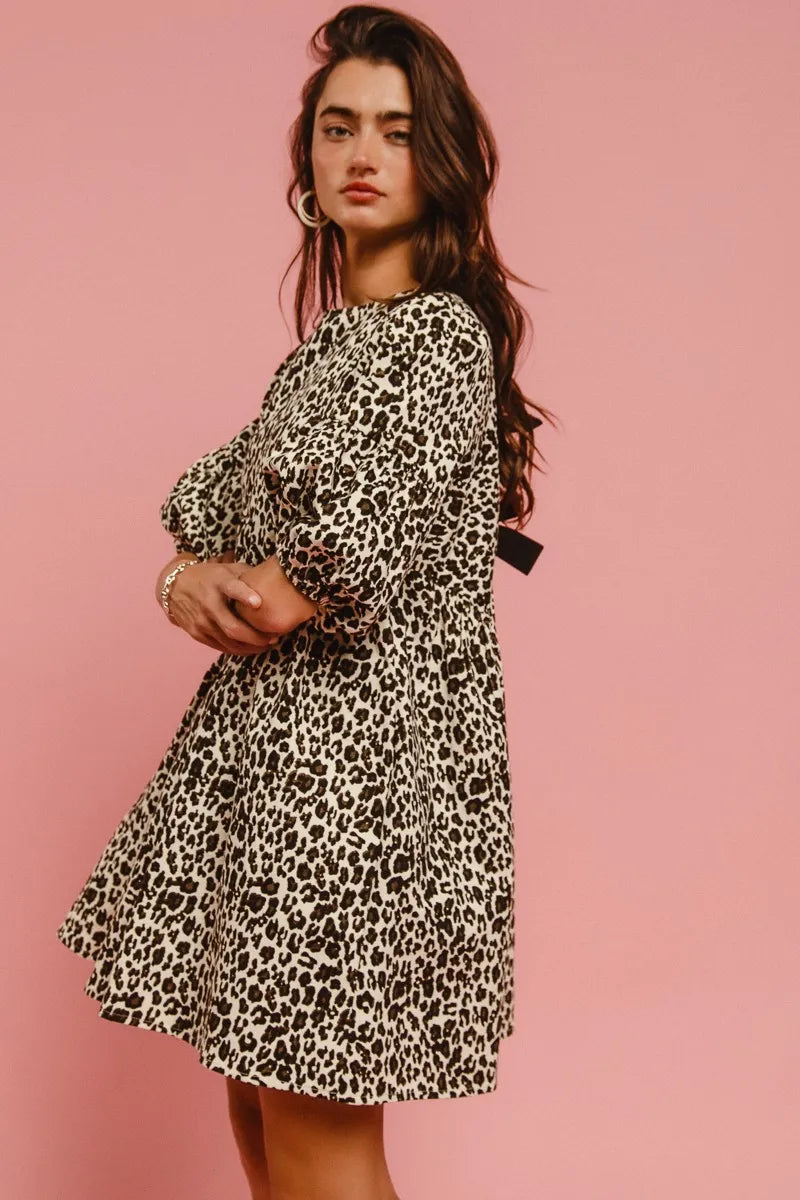 Leopard Denim Dress With Back Contrast Tie Detail in Off White Leopard - product view 12