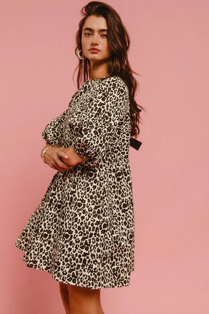 Leopard Denim Dress With Back Contrast Tie Detail in Off White Leopard - product view 12