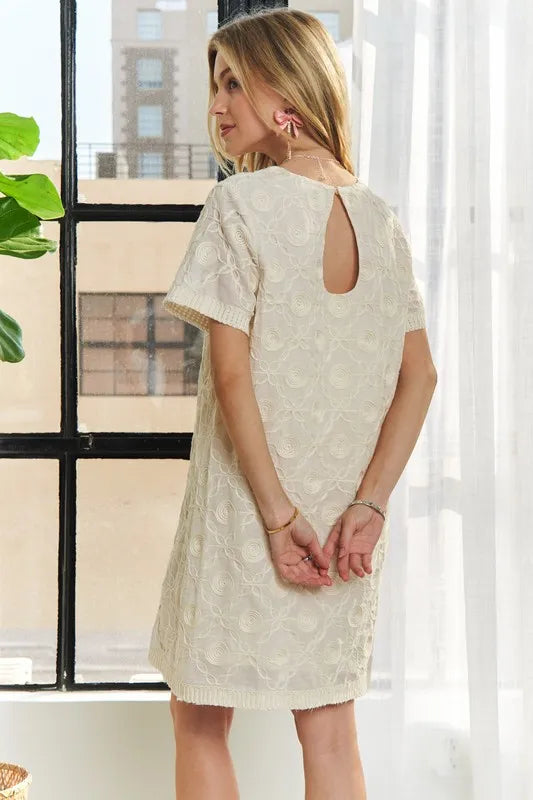 Applique Round Neck Short Sleeve Shift Dress in Beige - product view 5