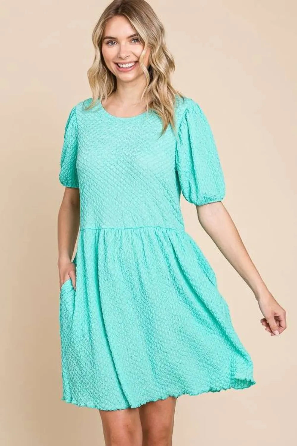 Full Size Textured Round Neck Puff Sleeve Dress in Mint - product view 4