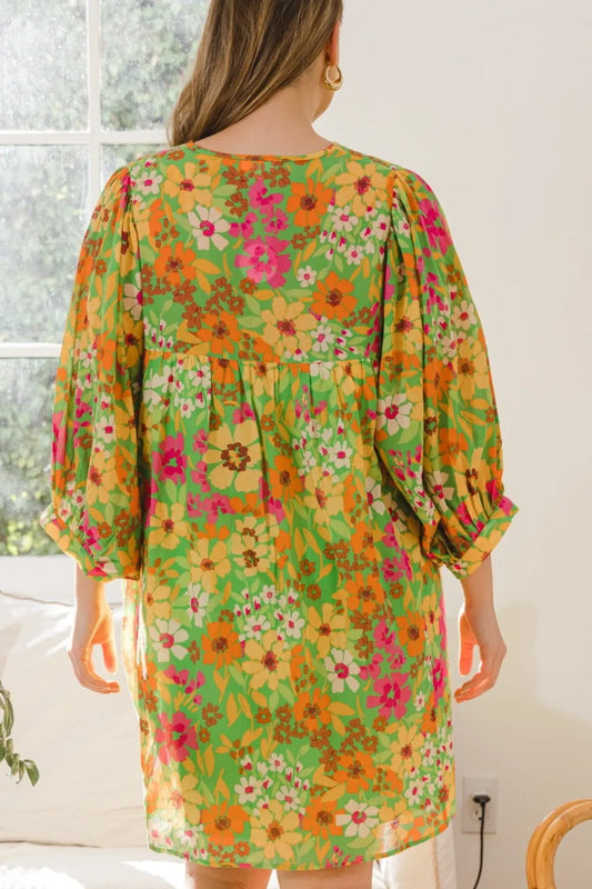 Full Size Floral Tied Neck Mini Dress - Green Multi - product view 2