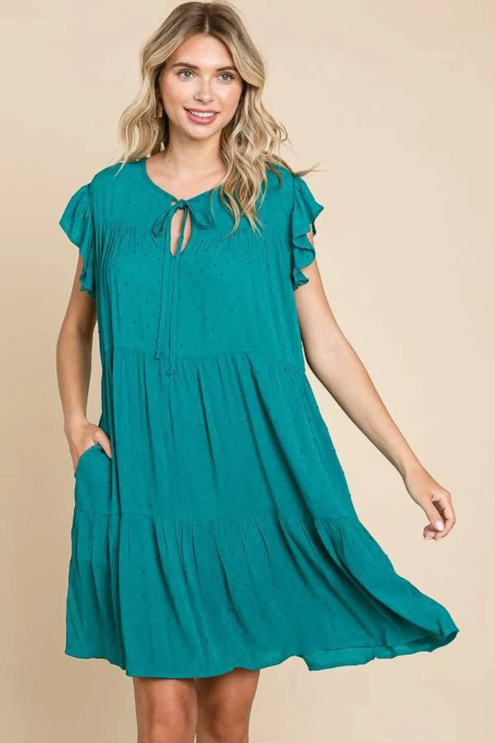 Ruffle Cap Sleeve Tiered Dress in Lotus Green - product view 1