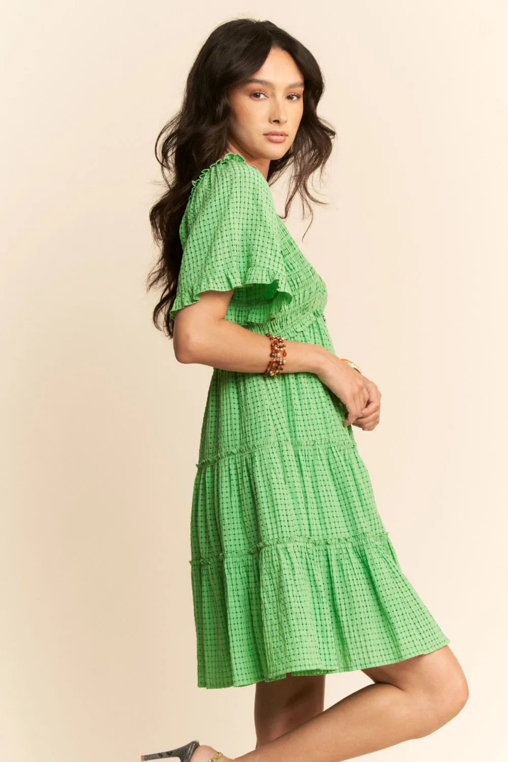 Jacquard Checker Smocking Tiered Dress - Ibiza Green - product view 7