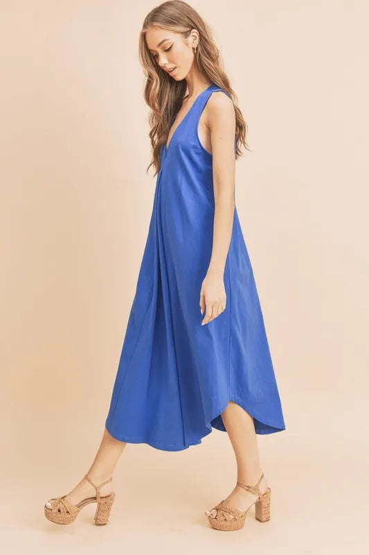 Front Pleat Detail V-Neck Sleeveless Midi Dress in Royal Blue - product view 4