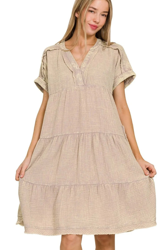 Washed Double Gauze Raw Edge Notched Dress in Ash Mocha - product view 1