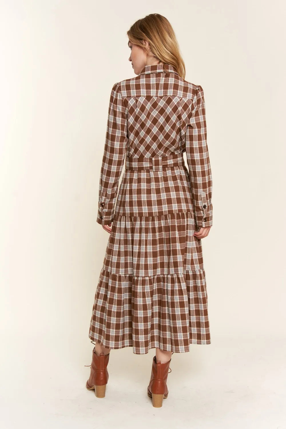 Plaid Tiered Midi Shirt Dress in Brown - product view 2
