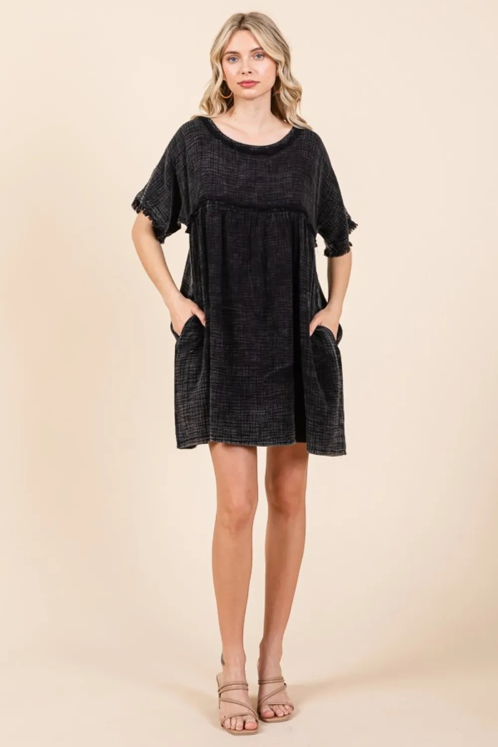 Full Size Short Sleeve Babydoll Texture Dress with Pockets - Black - product view 4