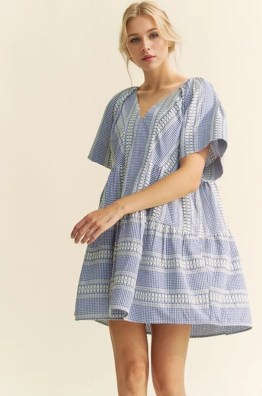 Embroidered Stripe Ruffled Gingham Mini Dress in Navy Blue - product view 2