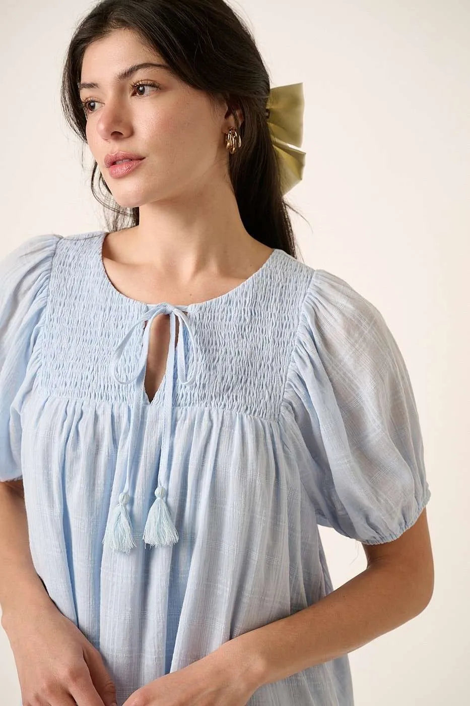 Tassel Tie Plaid Gauze Short Sleeve Mini Dress in Blue - product view 2