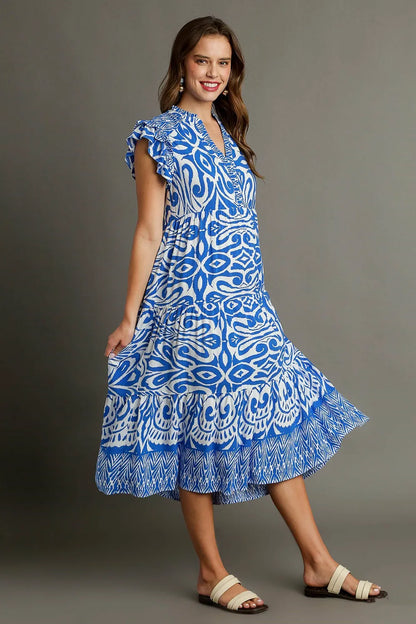 Full Size Two Tone Border Print Ruffle Cap Sleeve Midi Dress Plus Size - Blue - product view 3