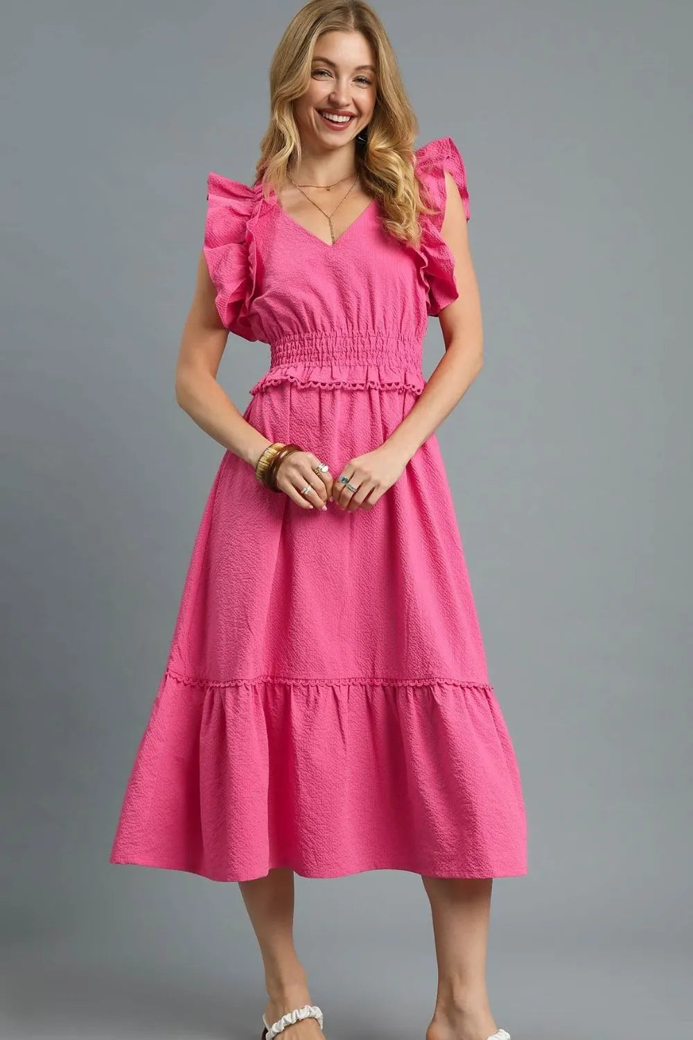 V-Neck Ruffled Cap Sleeve Midi Dress in Hot Pink - product view 3