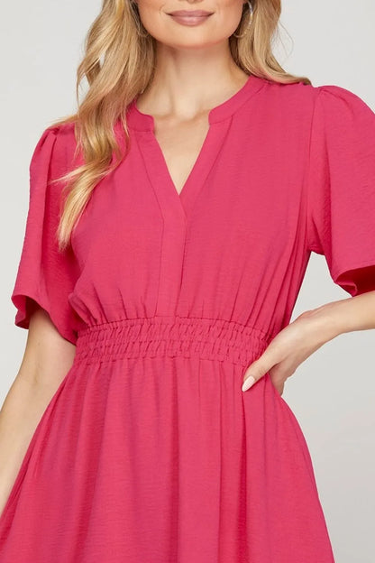 Ruffled Hem Notched Flutter Sleeve Mini Dress - Strawberry - product view 3
