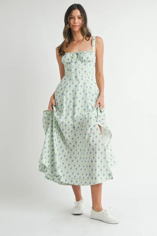Floral Print Bustier Back Lace Up Midi Dress - Mint - product view 7