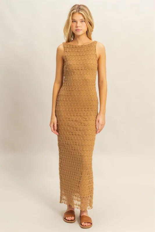 Sleeveless Crochet Open Back Maxi Dress in L.Brown - product view 1