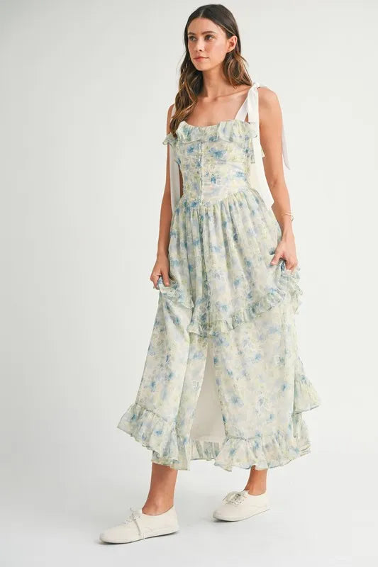 Floral Printed Shoulder Strap Midi Dress in Blue - product view 4