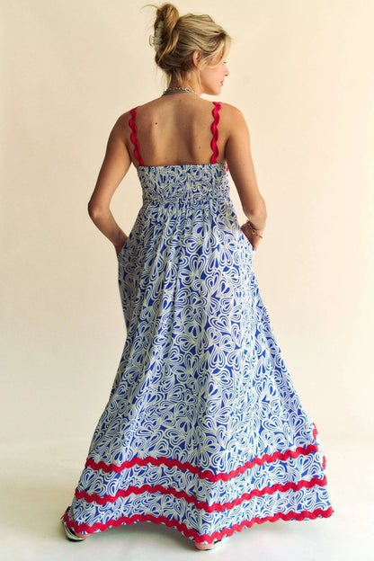 Geo 2 Tone Printed Wavi Trim Tiered Maxi Dress - Cobalt - product view 3