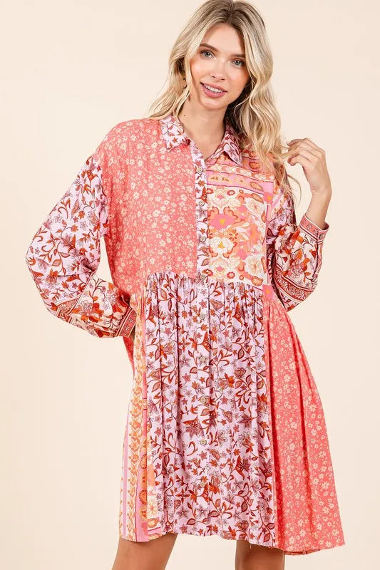 Floral Button Detail Long Sleeve Shirt Dress in Coral Pink - product view 2