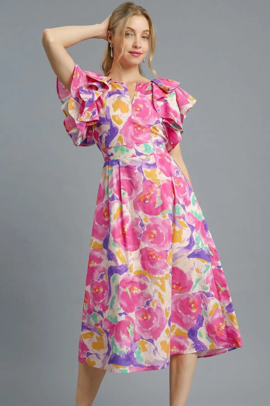Floral Ruffled Cap Sleeve Midi Dress in Hot Pink - product view 1