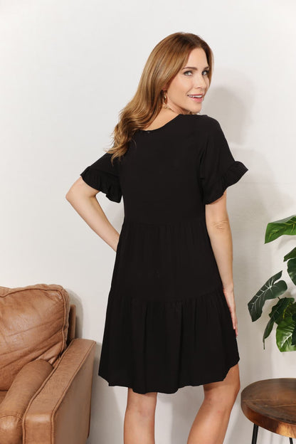 V-Neck Flounce Sleeve Tiered Dress in Dark Blue and Black - product view 10