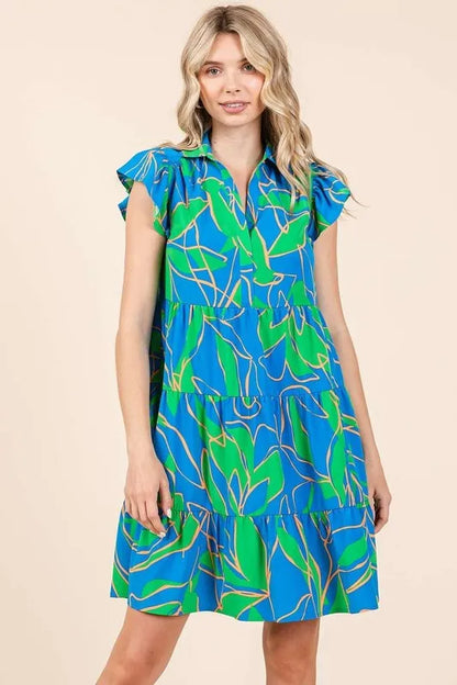 Leaf Print Ruffle Sleeve Tiered Mini Dress - Blue - product view 4