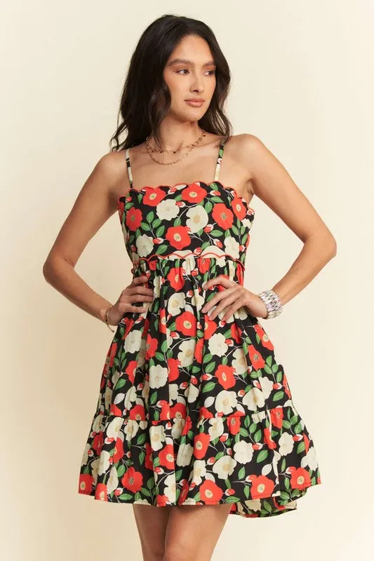Floral Scalloped Cutout Back Mini Dress in Black - product view 1