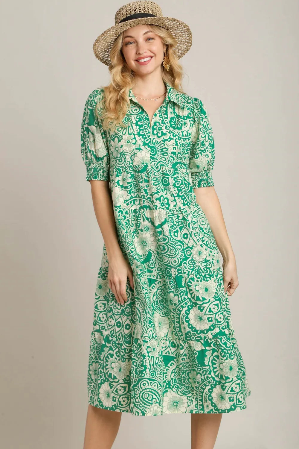 Full Size Printed Smocked Cuff Puff Sleeve Midi Dress Plus Size in Green - product view 1