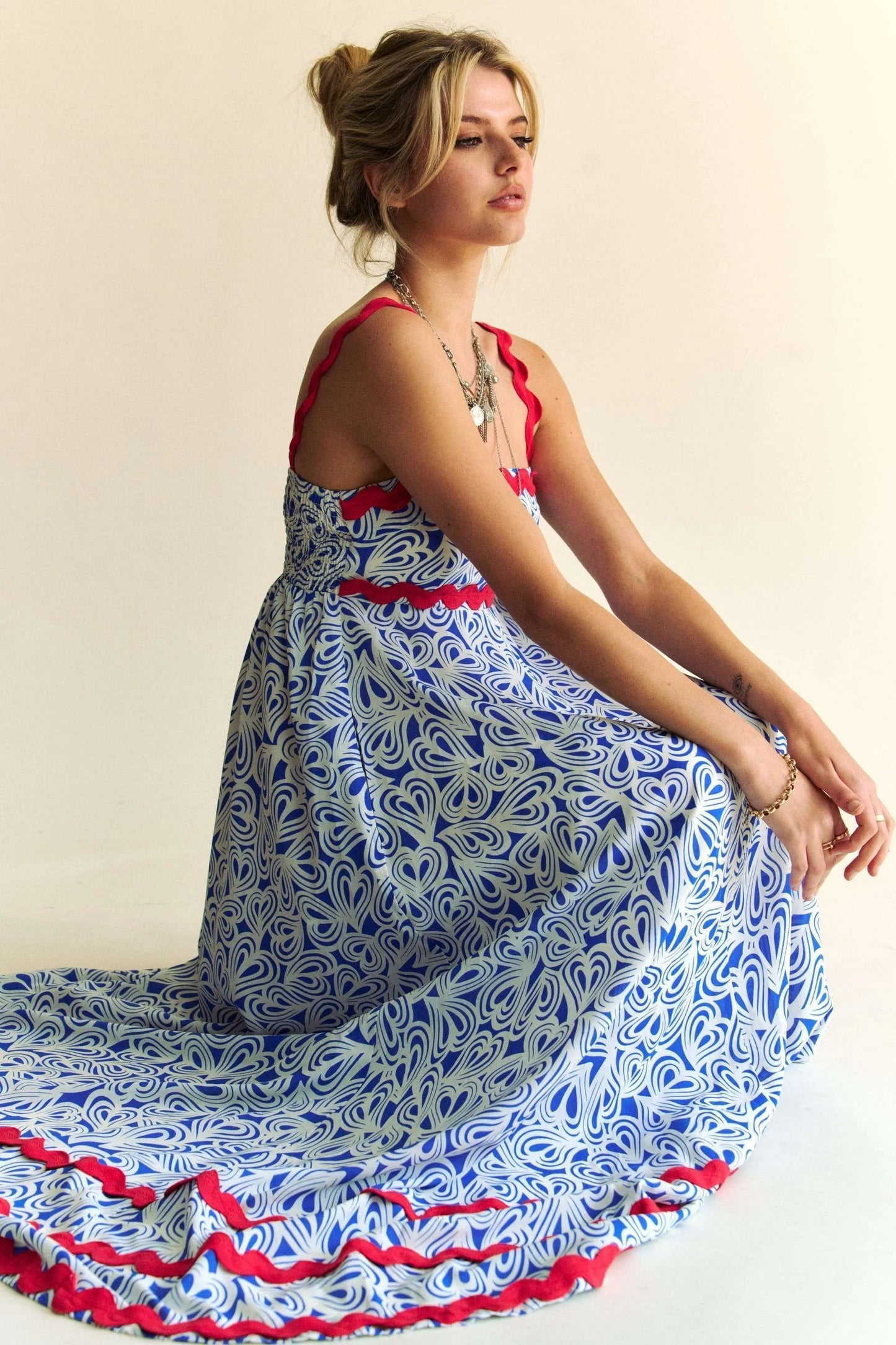 Geo 2 Tone Printed Wavi Trim Tiered Maxi Dress - Cobalt - product view 4