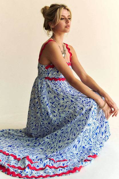 Geo 2 Tone Printed Wavi Trim Tiered Maxi Dress - Cobalt - product view 4