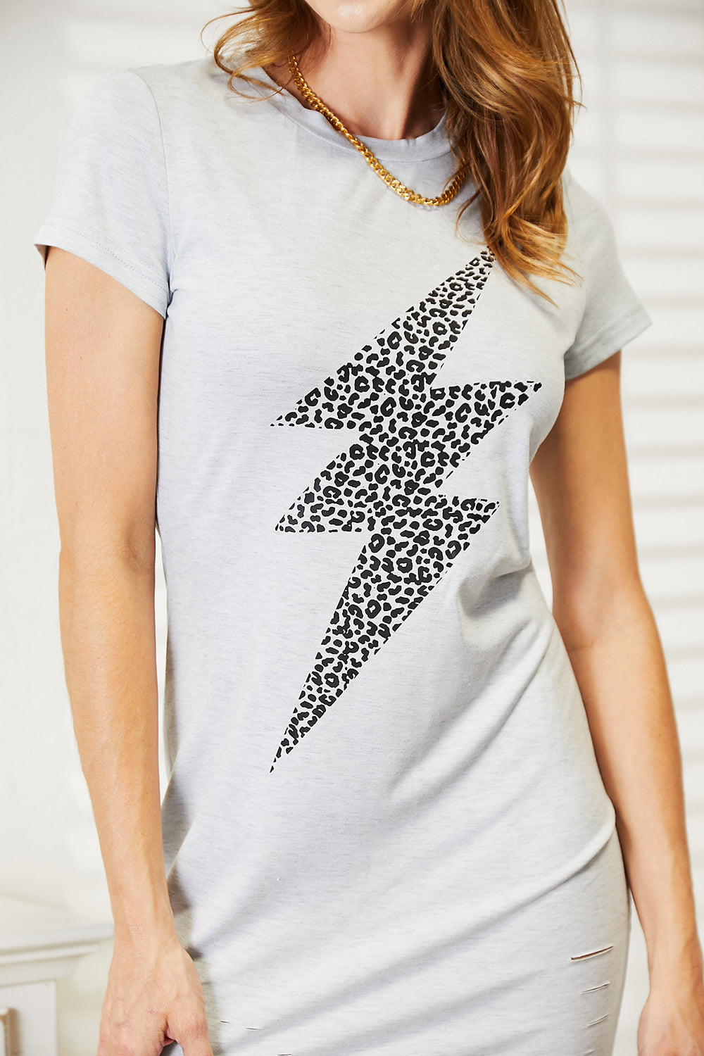 Leopard Lightning Graphic Tee Dress in Light Gray - product view 7
