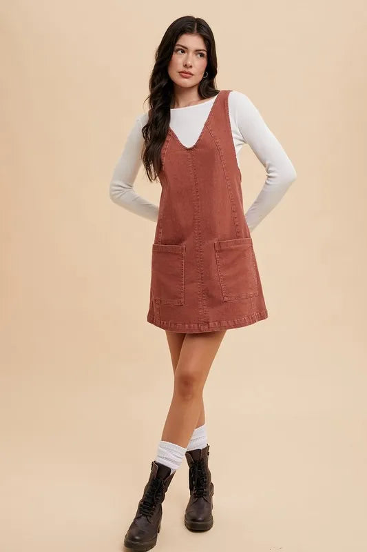 V-Neck Adjustable Strap Denim Overall Dress with Pockets - Rust - product view 5