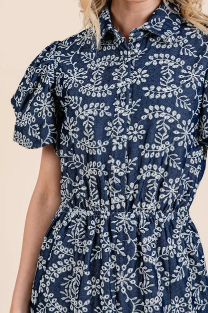 Natural Leaf Pattern Eyelet Lace Puff Sleeve Dress in Navy - product view 8